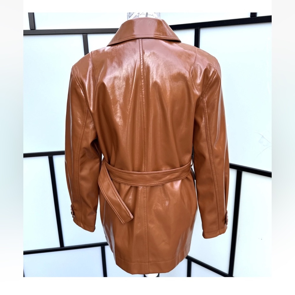 Topshop Women Casey Brown Belted Glossy High Impact Button Front Vegan Jacket - Picture 5 of 15
